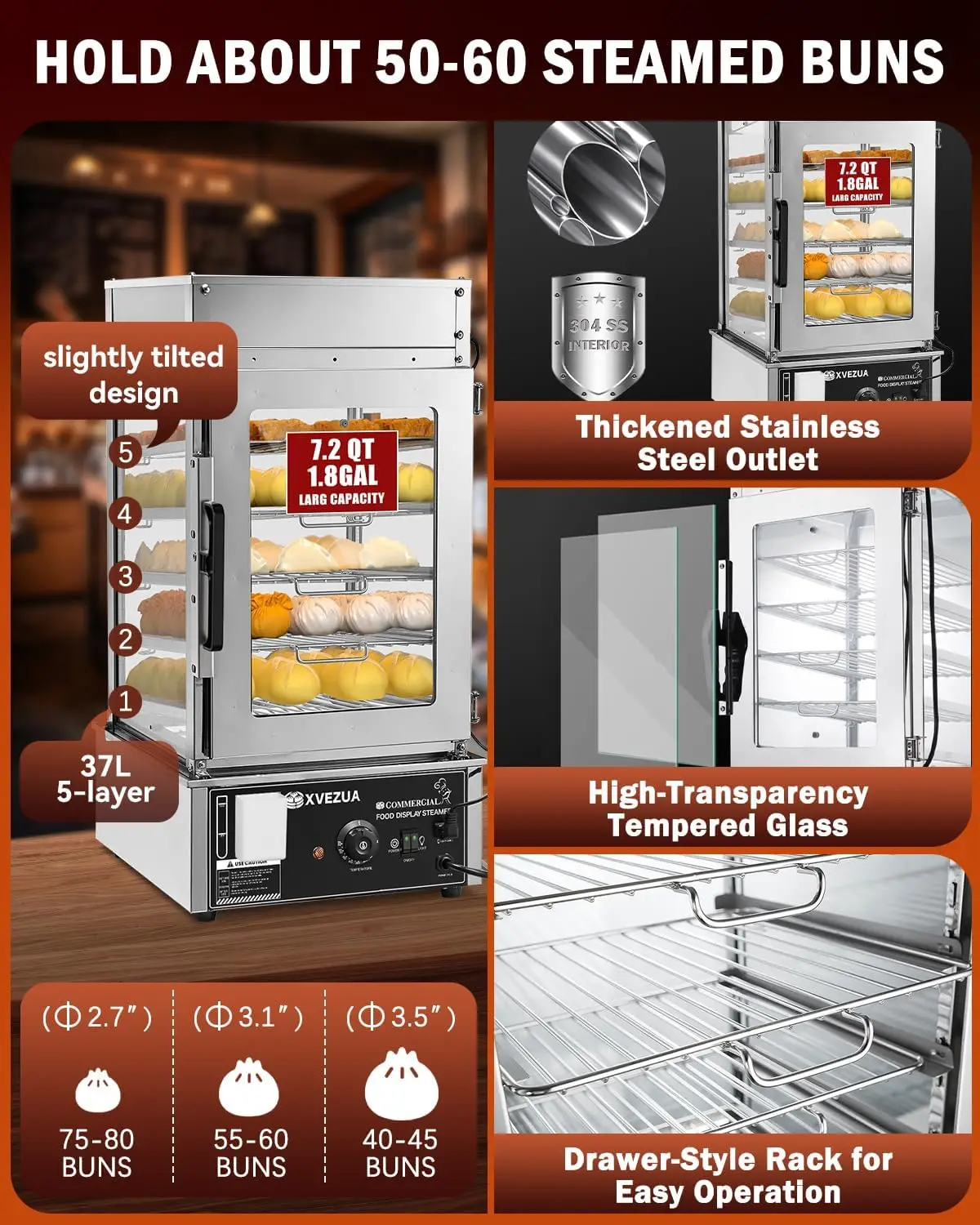 Food Steamer Display - 5 Tier Electric Steamer for Bao Buns Dumpling, Stainless Steel Countertop Commercial Food Steamer Warmer, 5