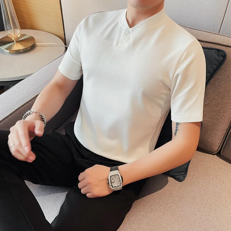 

Летняя футболка без воротника с коротким рукавом, мужская повседневная деловая рубашка, хлопковая дышащая рубашка-поло на одной пуговице, мужская одежда