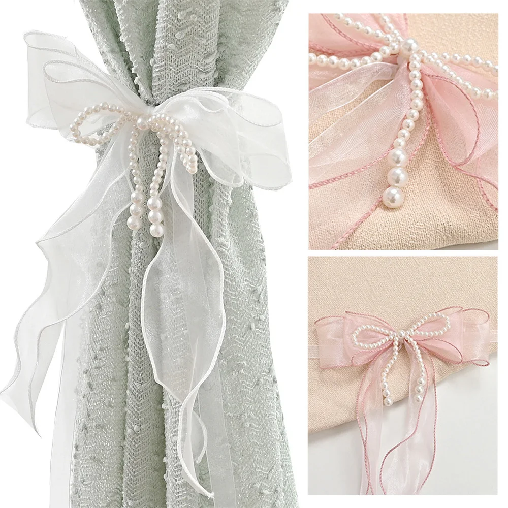 

Mesh Bow Curtain Strap Imitation Pearl Bow Curtain Straps Dreamy Curtain Tie Pink Princess Curtain Decor Curtain Accessories