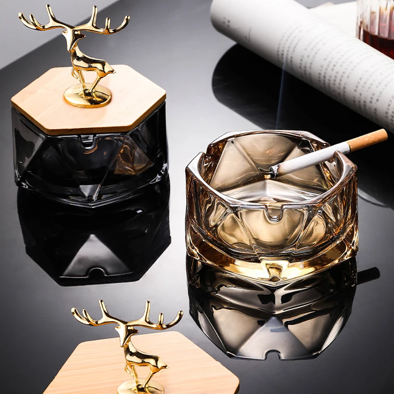 Household Crystal Glass Ashtray with Cover To Prevent Fly Ash Luxury Trend Living Room Decoration Office Decoration Elk Ashtray portable ashtray cigarettes ashtray silicone ashtray stainless steel ashtray metal ashtray