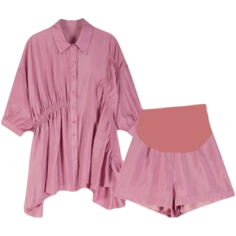 Maternity Summer Clothing Suits Solid Color Turn-Down Collar Shirts + Belly Shorts Twinset Loose Pregnant Woman Clothes Set Casual women maternity sets