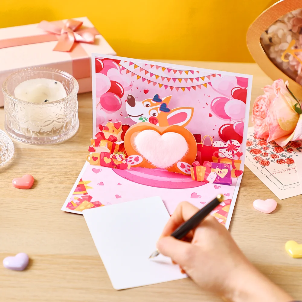 3D Pop-up Greeting Card Lovely Heart Puppy Balloon Cartoon Valentine's Day Gift For Wife Lover Girlfriend