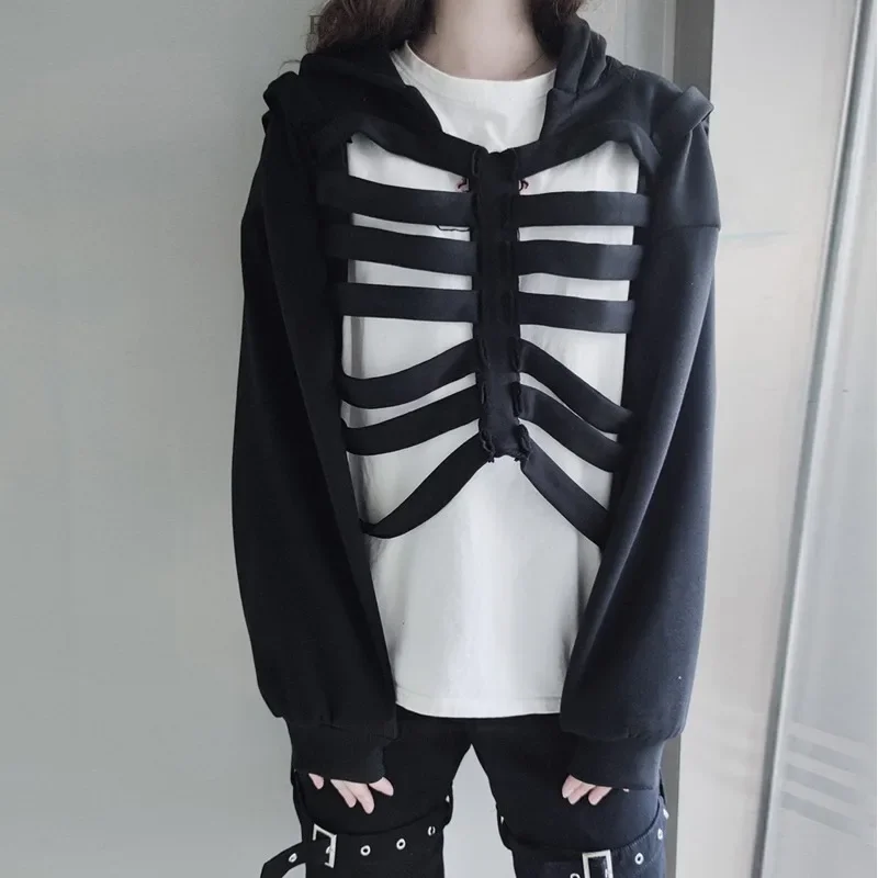 Long Sleeved Hoodie Skull Hollow Solid Color Pullover Sweatshirt Street Style Spring and Autumn Party Halloween 2024 New YDL36