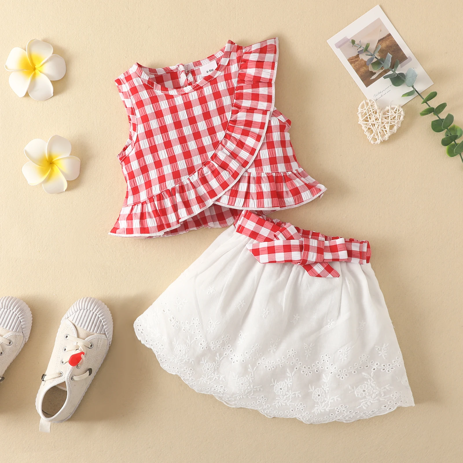 Girls Summer Ensemble Sleeveless Plaid Ruffle Top Lace Hem Skirt kids clothes set