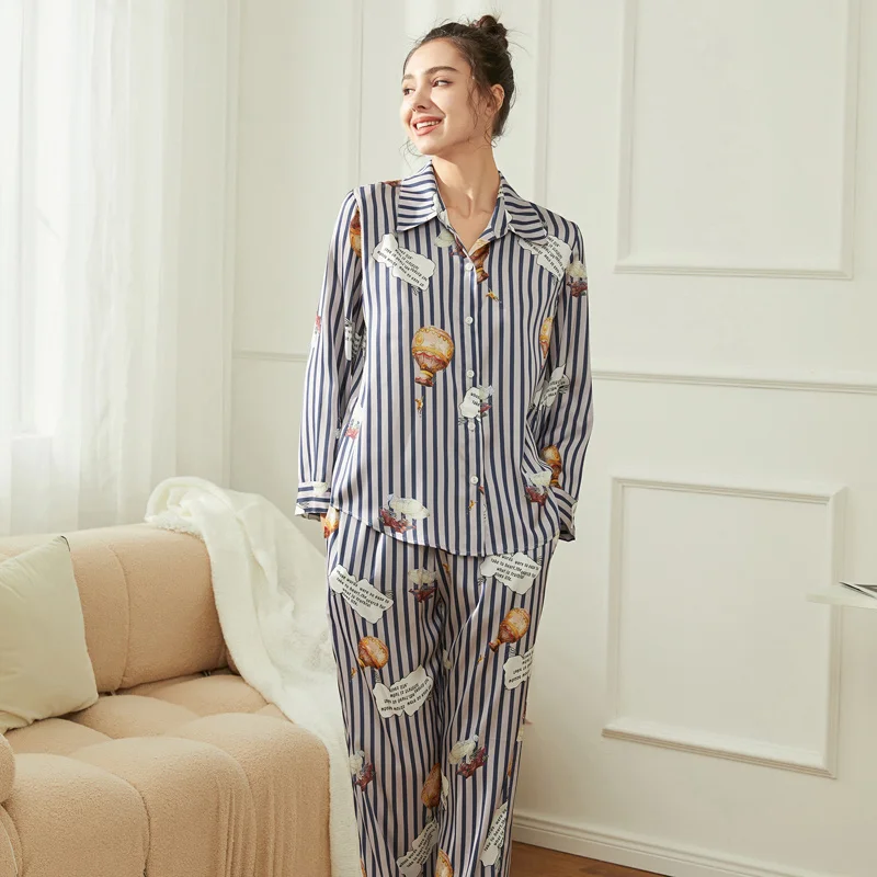 Ling 2 Pcs Sleep Lounge Striped Print Women's Pajamas Set Pajamas Long Sleeve Sleepwear Spring Summer Nightwear Pyjama for Women