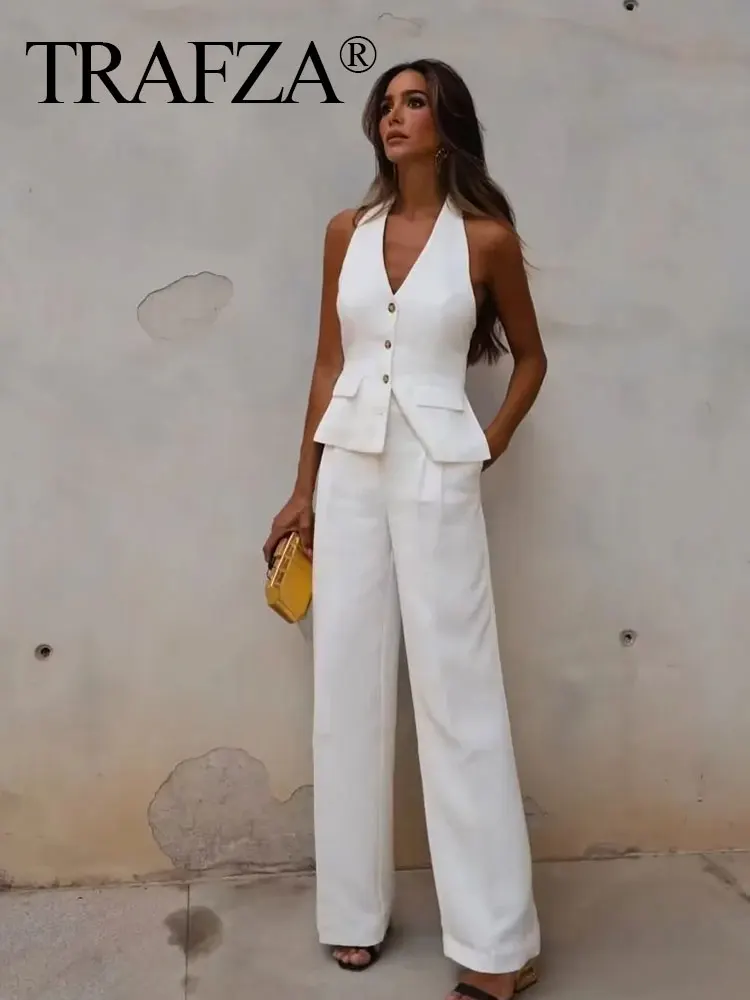 TRAFZA Women Fashion Solid Pant Suit Halter Single Breasted Sleeveless Blazer Vest Top Zipper Fly Trousers Office Lady Sets TRAF