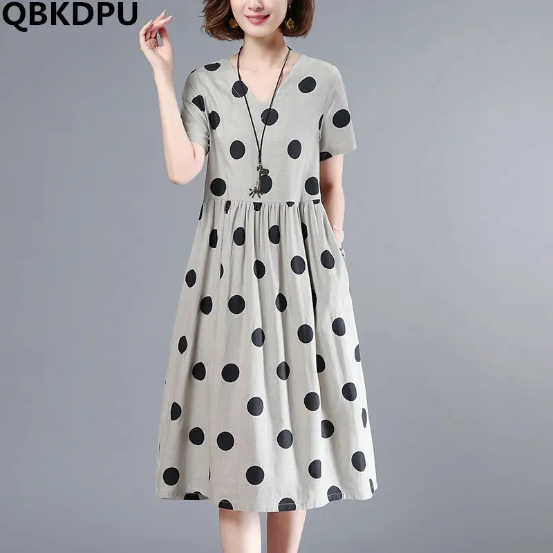 

Mom Cotton Dot V-Neck A-Line Mid Length Dress Boho Beach Summer Women Vestido Korean Fashion Causal Dresses Elegant Vestidos