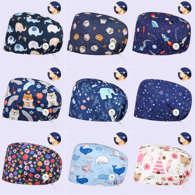 Long Hair Women's Scrub Caps Surgical Cap 100% Cotton Nurse Doctor Work Hat Cordlock Adjustable Dental Tooth Patterned Hat floral print scrub hat adjustable pet beauty caps for long hair multicolor cotton dustproof work caps with sweat towel wholesale