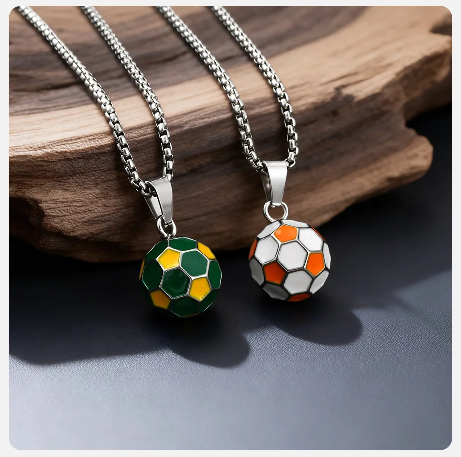 Vnox Edelstahl-Fußball-Anhänger-Halskette, weiß-orange-gelb-grüne Sportkette für Männer und Jungen, wasserdichter Schmuck, Geschenk, neu – Detail 5