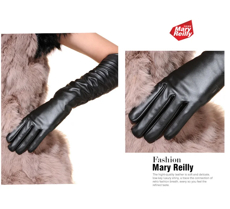 Sexy Black Punk Long PU Leather Gloves Woman's Winter Thin Full Finger Touch Screen Windproof Riding Driving Warm Mittens S33