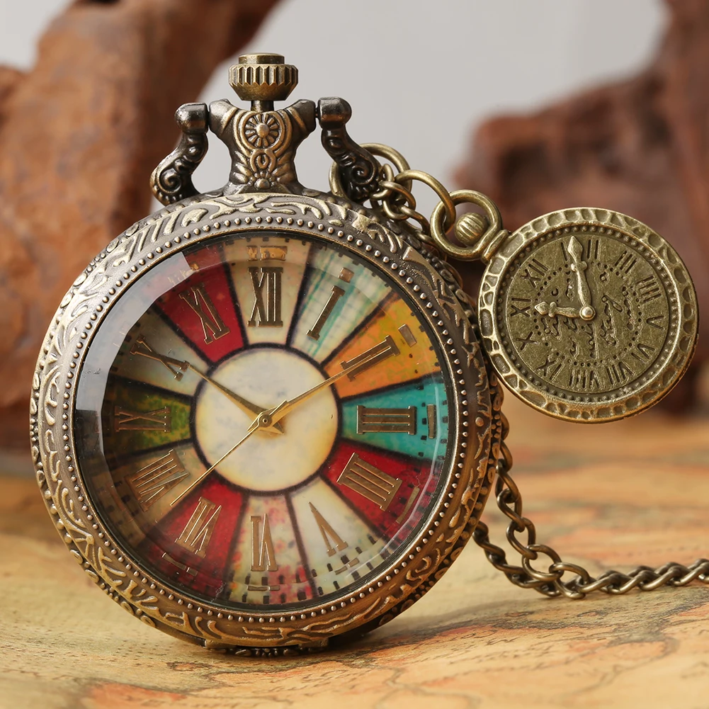 

Colorful Roman Numeral Dial Display Quartz Pocket Watch with Necklace Chain Leisure Pendant Gift Men's Clock Exquisite Relogios