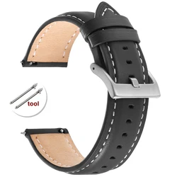 Premium Genuine Leather Quick Release Watch Band - Comfortable Stitching Cowhide Strap - 22mm (Black)