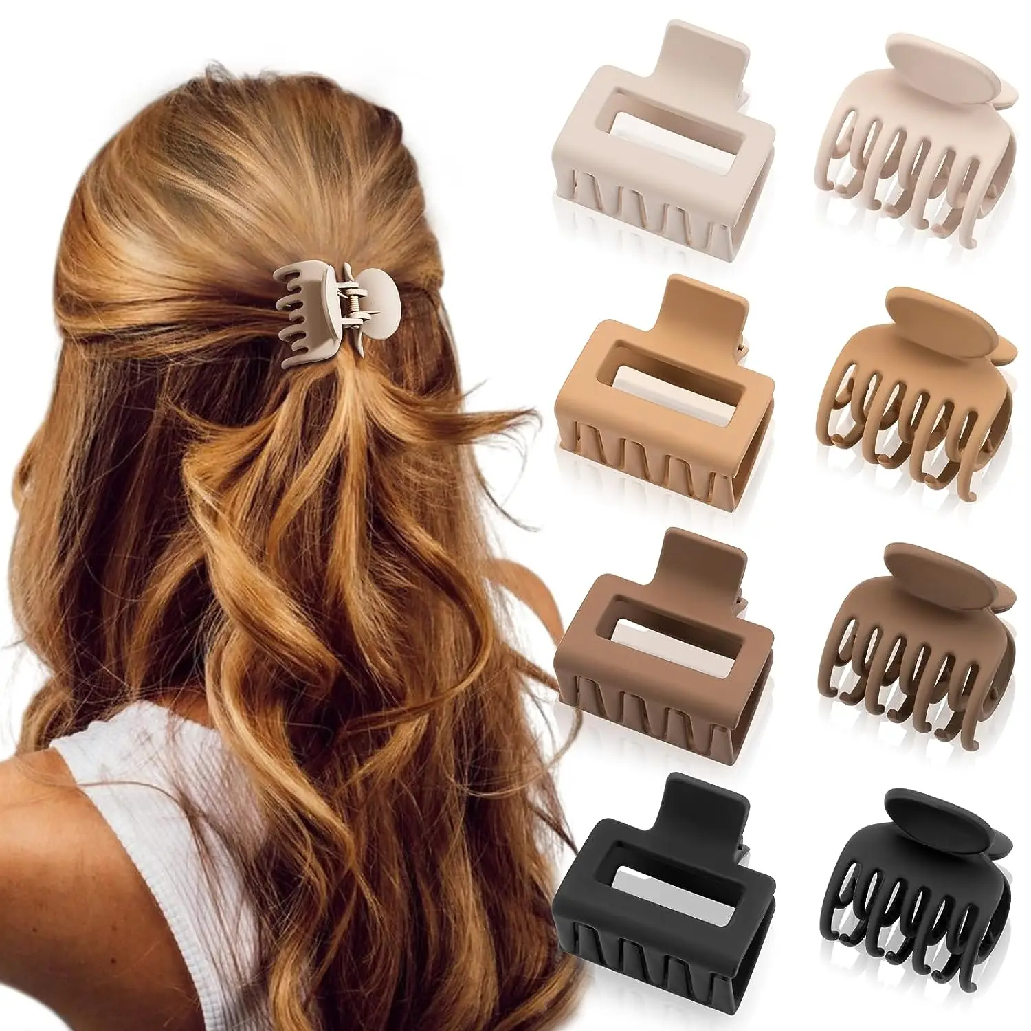 Pinces à cheveux à griffes moyennes mates pour femmes, 8 pièces, rectangulaires de 1.6 pouces et dents à Double rangée de 1.6 pouces, petites poignées pour cheveux fins à moyens et fins