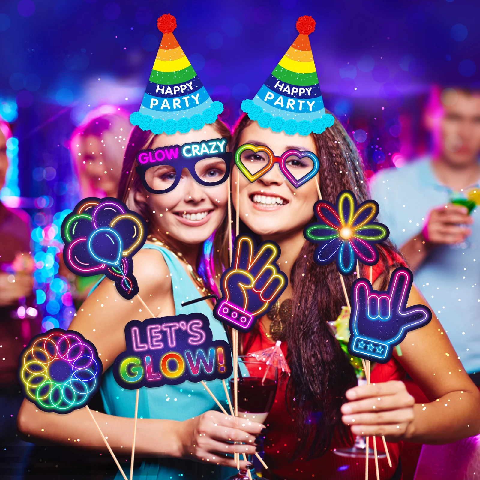 Glow Crazy Party Photo Booth Props Music Club Colorful Graffiti Birthday Party Funny Glasses Lips Hat DIY Photo Shoot Prop Decor party photo props