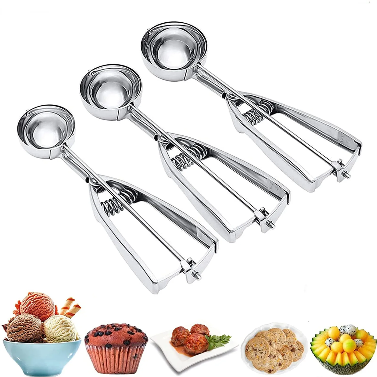 Ice Cream Scoop Set of 3 Melon Baller Scoop Stainless Steel Scooper Trigger Spring Handle