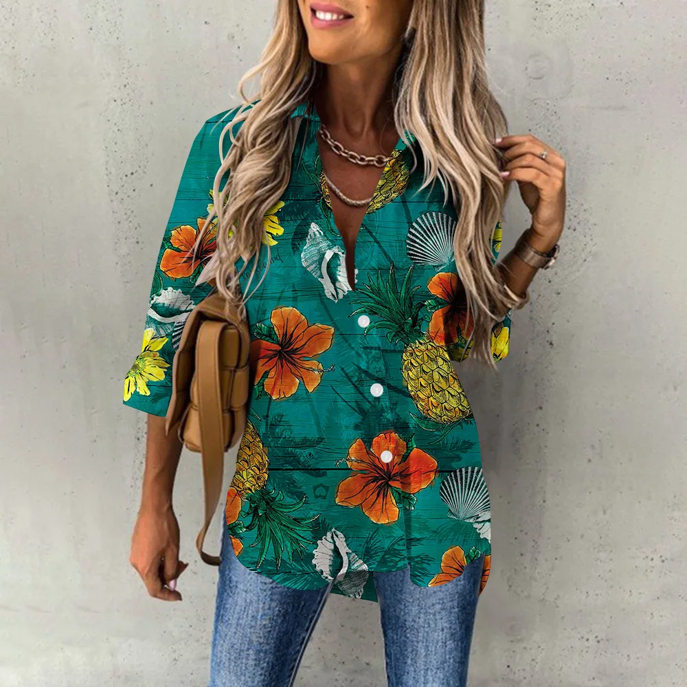 Sd2cea6e37f80411aba8d30d4003740005 Summer Women's Hawaiian Shirts Hawaii Beach Print Fashion Resort Clothes Polo Collar Long Sleeve Blouse Tops Spring Plus Sizes