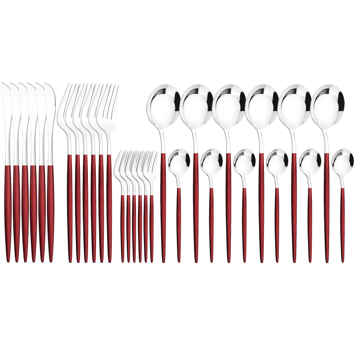 30pcs Red Silver Dinnerware Set Western Stainless Steel Cutlery Set Dinner Spoons Cake Fork Knife Tableware Kitchen Flatware