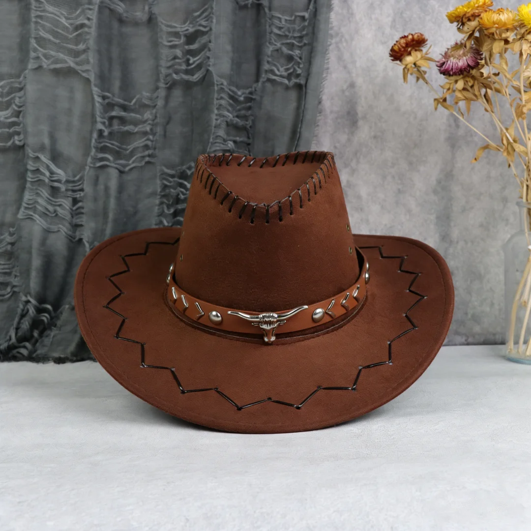 Vintage Brauner Western Cowboyhut aus Kunstwildleder mit Stichmuster (Bullenschädel & Pfeil), breiter Krempe, Unisex Cosplay Kostüm-Accessoire für Halloween – Detail 8