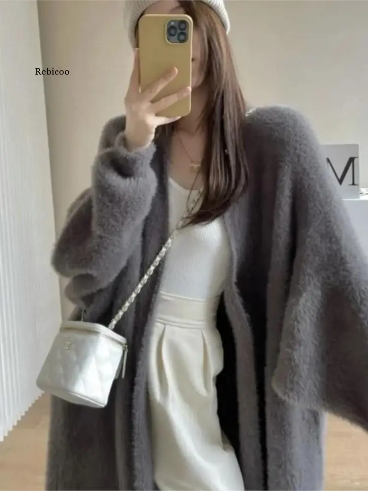 

Autumn Clothes Women Faux Mink Cashmere Cardigan Loose Pull Femme Bat Sleeve Long Coat Thickness Warm Knitted Sweater Outwear