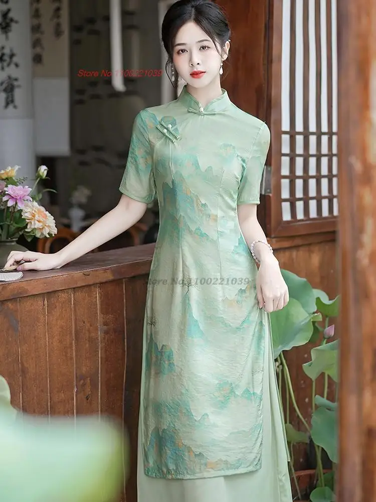 

2023 vintage aodai dress vietnam traditional dress improved qipao national flower print cheongsam oriental tea service dress