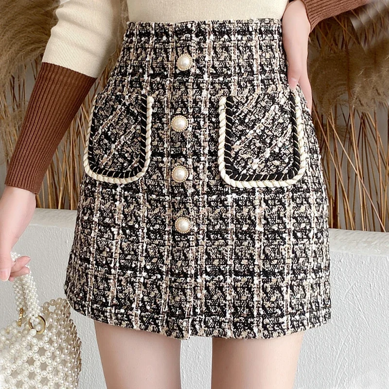 NMZM Autumn/Winter Checkered Tweed Skirt Women's Thick Wool Pearl Buckle Front Pocket Sparkling Mini Skirt