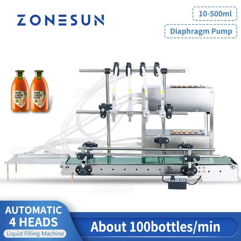 

ZONESUN ZS-DTDP4G Automatic Water Filler 4 Heads Diaphragm Pump Juice Cosmetic Bottle Liquid Filling Machine with Conveyor Belt