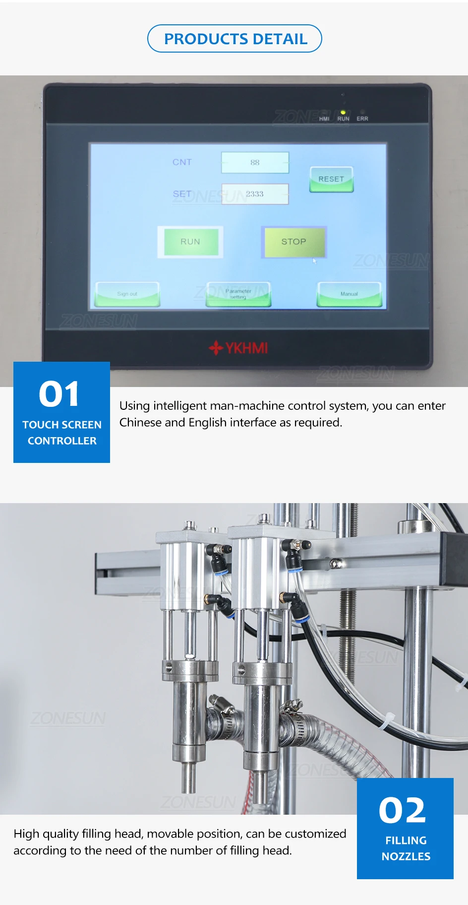 ZONEPACK Automatic Thick Liquid Filling Machine Juice Detergent Tabletop Double Head Piston Pump ZS-DTHSP2