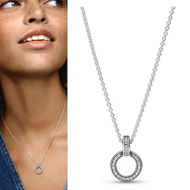 New Women's Necklace Pav é Dense Set Sparkling Zircon Round Necklace% 925 Sterling Silver Fashion DIY Charm Jewelry Gift