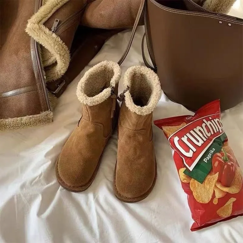 

Новинка, женские зимние ботинки на толстом меху, зимняя обувь на плоской подошве, Женские теплые меховые Модные ботильоны, женская обувь Botas Mujer 2024