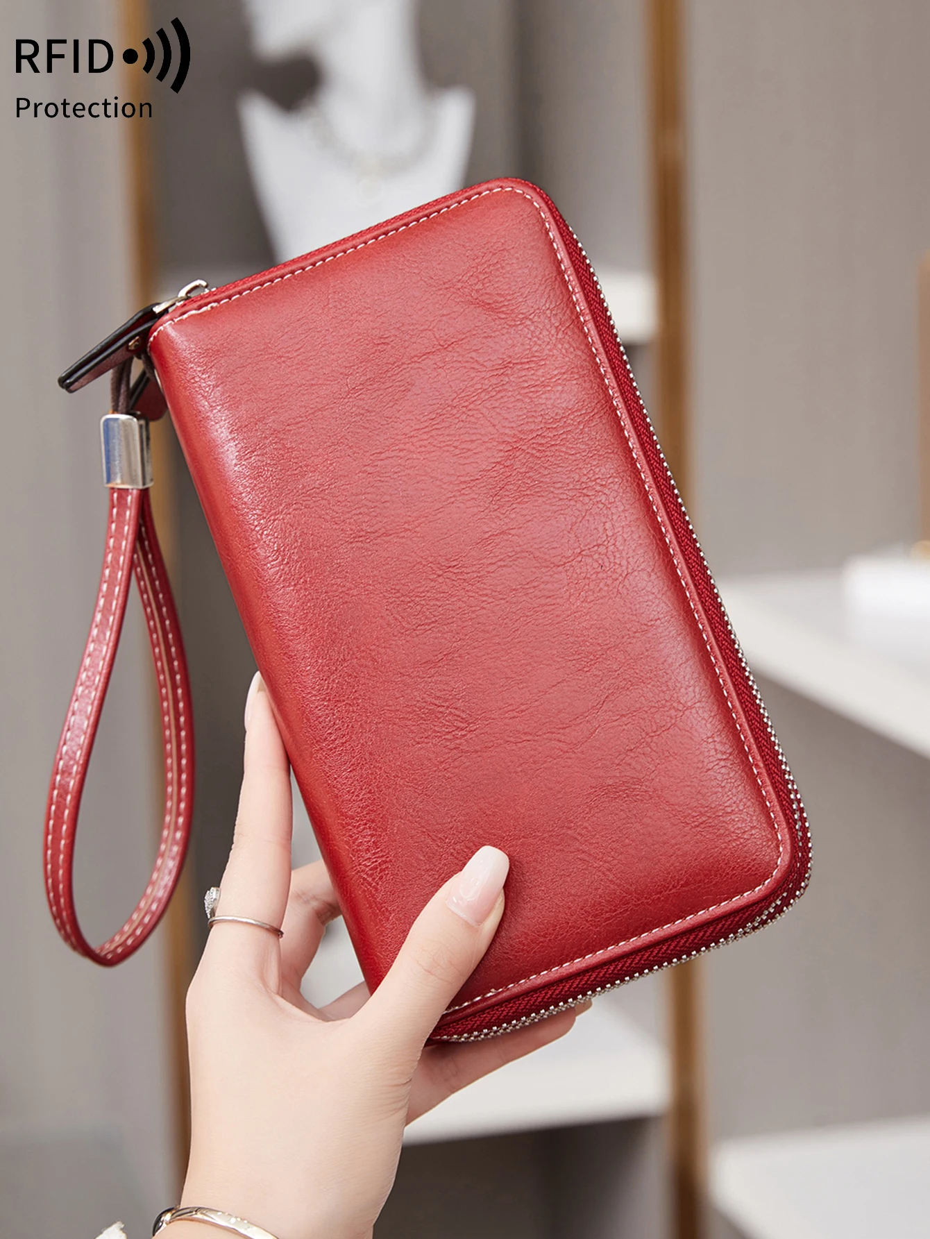 Blocco RFID da donna 100% pelle grande capacità zip intorno al