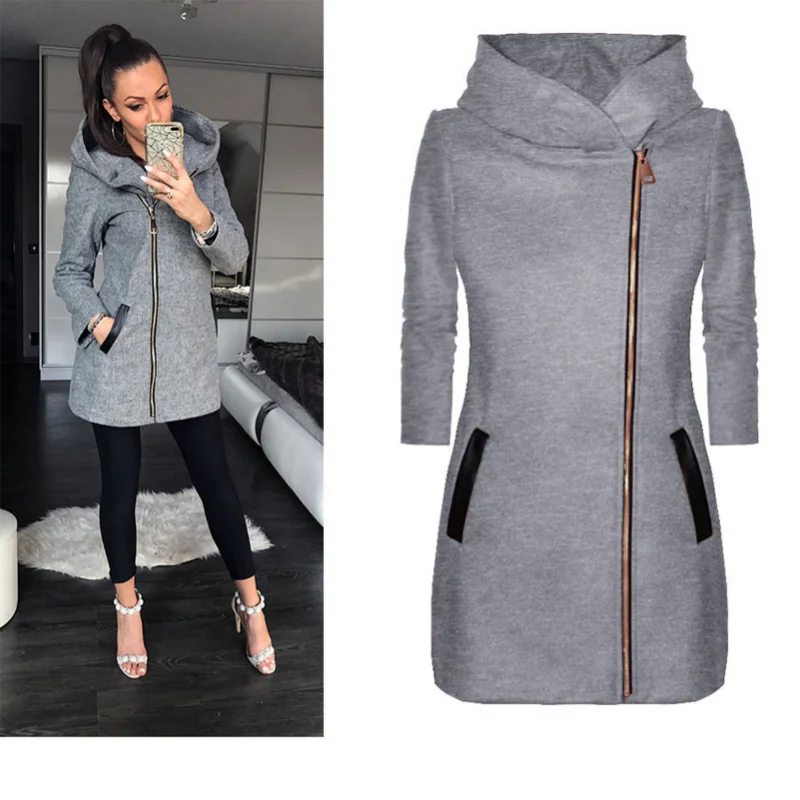 2022 New Womens Winter Jacket Coat Fashion Women Zipper Mid-Length Coat for Spring Fall Solid Color Long Sleeve Hooded Coat