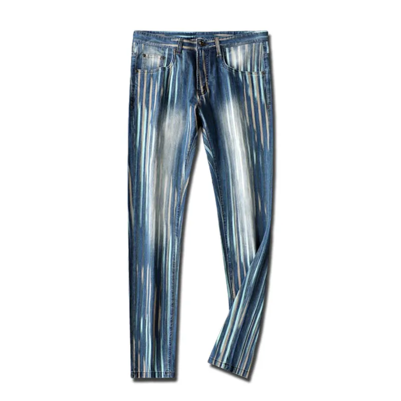 Fashionable men's blue personality color contrast striped jeans men slim stretch summer slim men's small straight leg pants