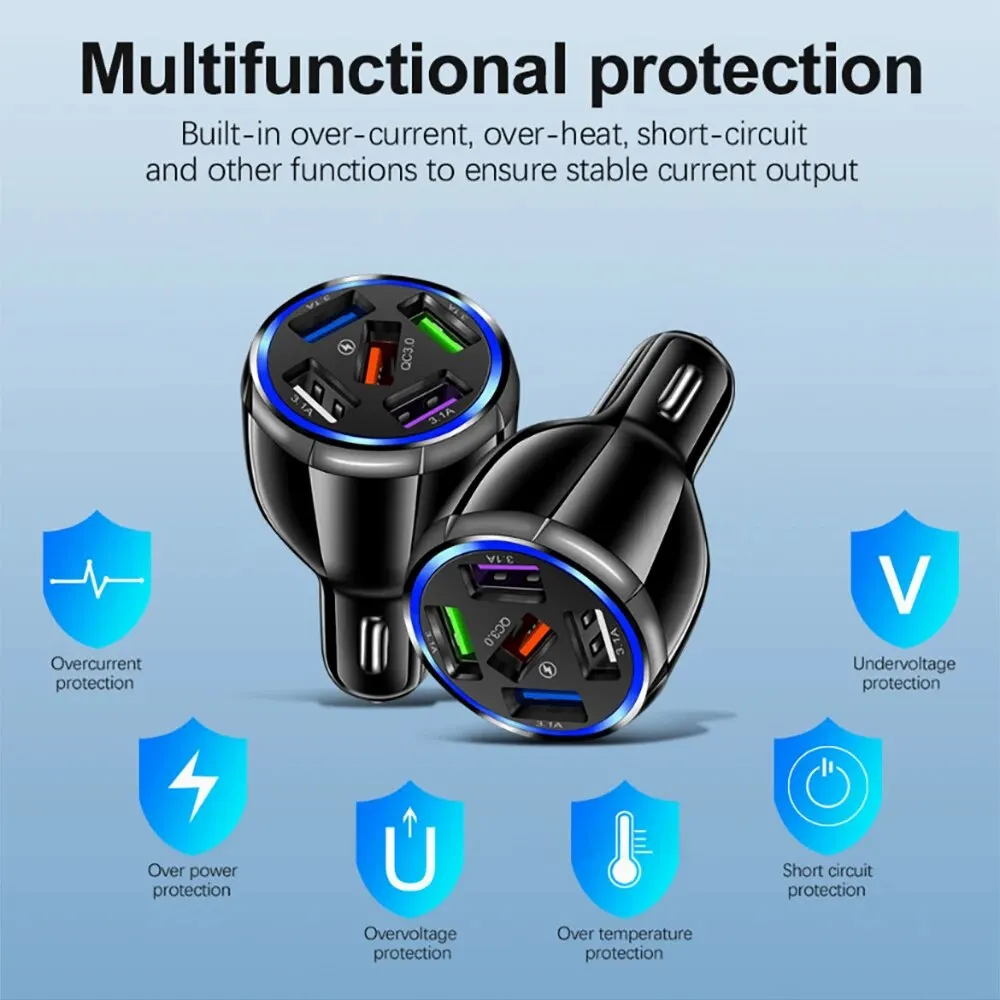 5-in-1 QC3.0 5 USB 차량용 충전기 고속 충전 차량용 충전기 원 드래그 멀티 5개 USB 포트 범용 고속 충전 차량용 충전기