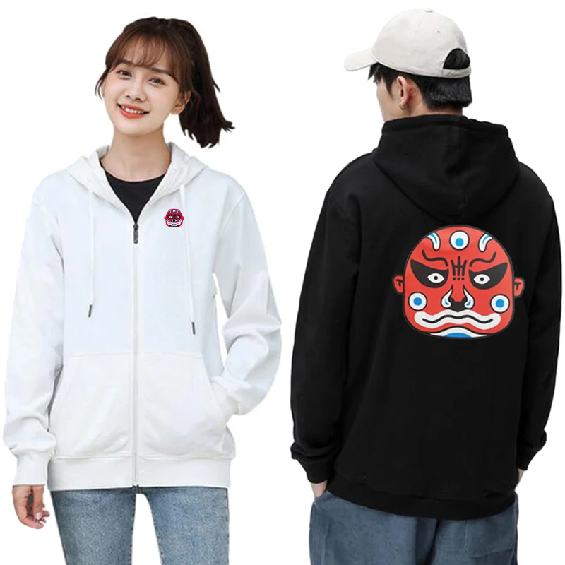 

Men Women Zipper Hoodie All Cotton Beijing Opera Face Mask Embroidered Print Wool Thick Pocket Autumn/Winter Leisure Hoodie