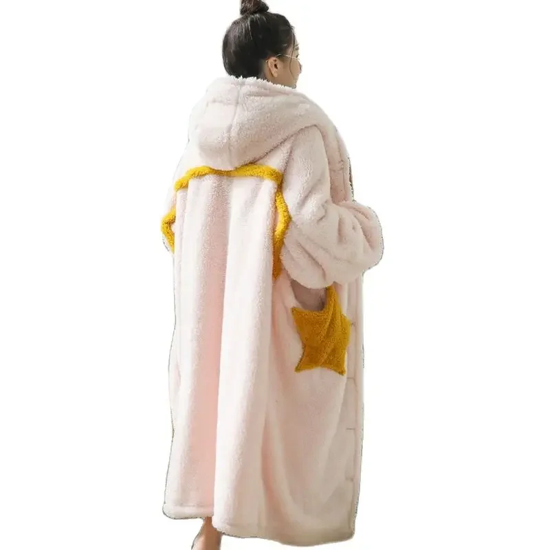 Peignoir rayé en peluche pour femme avec poche, robe chaude, manteau à manches longues, pyjama à glouton pour dormir, hiver, 250719003