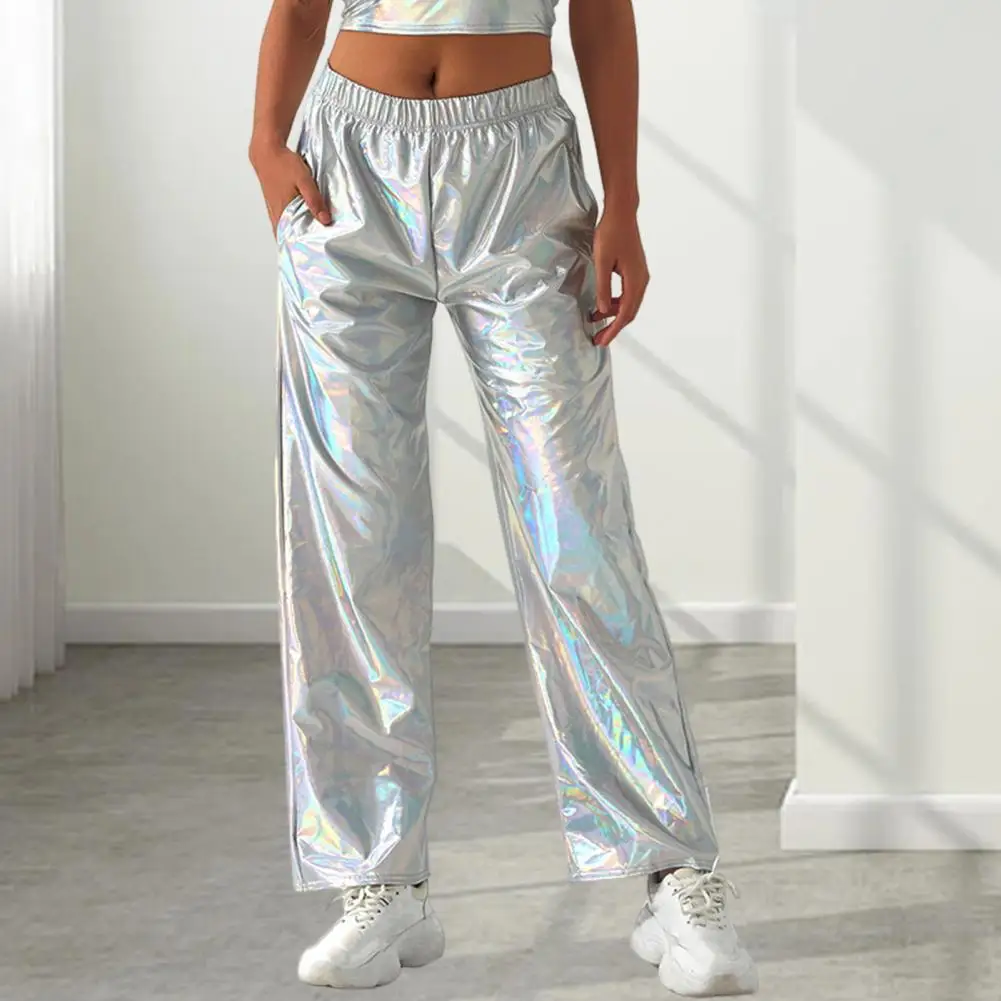 Women Trousers Women's Metallic High Waist Holographic Pants Casual Streetwear Trousers with Wide Leg Pockets Reflective for Hip