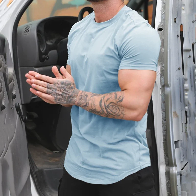 

2023 New Summer Slim Fit Short Sleeve T Shirt Men's New Running Training Sports Fitness Solid Color T-shirt Male Clothing Tee