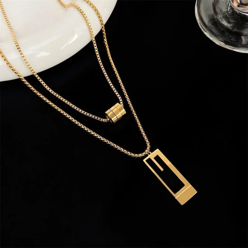 

Titanium Steel Fashion Gold Color Double-layer Necklace for Women Senior Sense Simple New Beach Necklace Geometric Rectangular