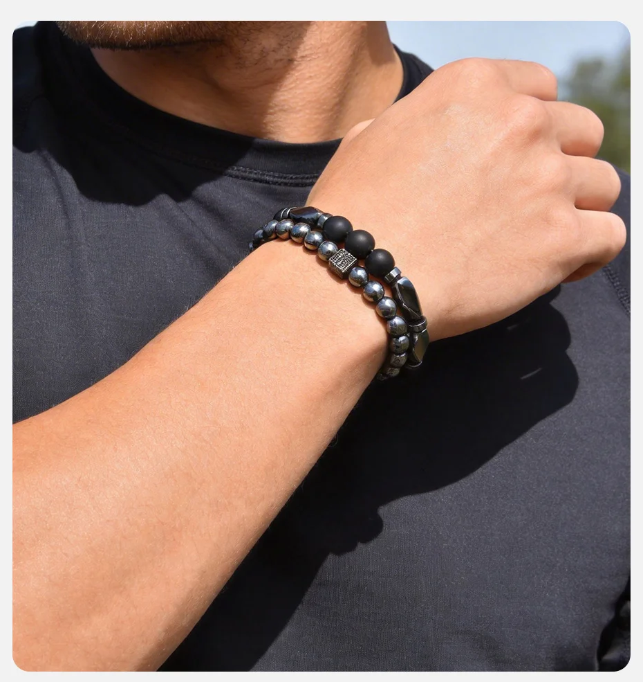 Vnox 2-teiliges Set Mattschwarzes Onyx-Hämatit Perlenarmband Set Naturstein Stretch-Armbänder Modeschmuck Geschenke für Männer Frauen – Detail 2