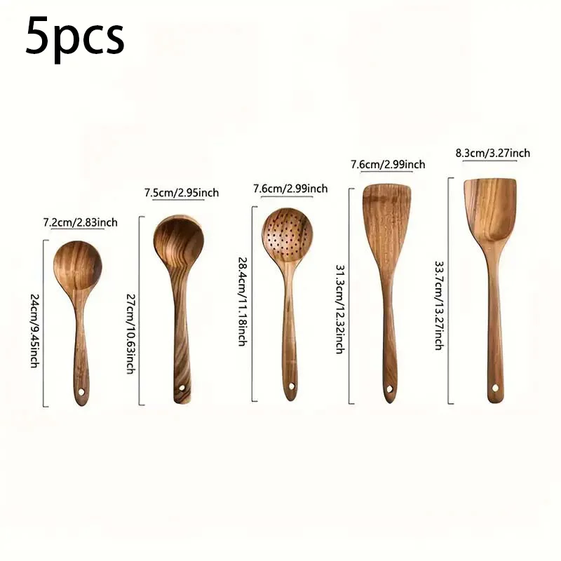 Complete Wooden Kitchen Set, 5 Utensils - Durable & Multiple Sizes (Up to 13.3in) for Christmas Feast Prep and Everyday Use