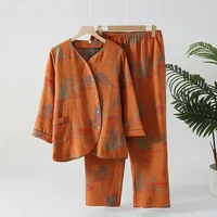 2026 New Spring/Summer Women's Pajama Set 100% Cotton Jacquard Flower Long Sleeve Long Pants Large Home Clothes Two Piece Set - Image 2