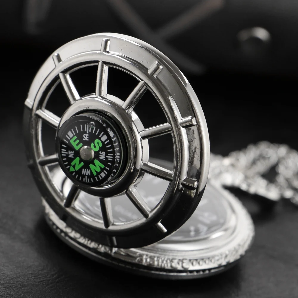 Exquisite Compass Design Vintage Hollow Skeleton Pocket Watch Black Starry Round Dial Antique Pendant Clock Retro Gifts Unisex