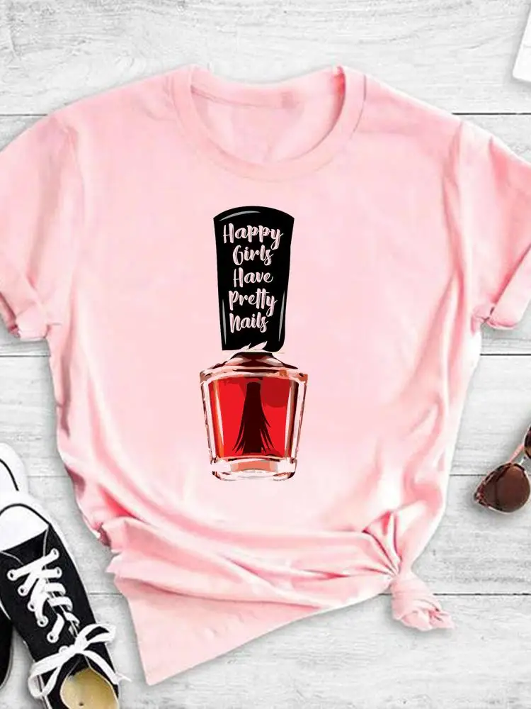 

Футболка женская с коротким рукавом и принтом, милая повседневная одежда с надписью на ногтях для макияжа, модная одежда с графическим принтом, на лето