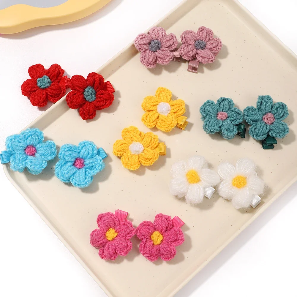 Hair Accessories 2pcs/set Hairs Clips Baby Girls Wool Knitting Headwear Handmade Crochet Small Puff Flower Safe Children Hairpin