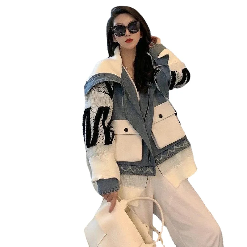 

European Station Knitted Splice Denim Coat Women's Autumn and Winter Large Lapel Top
