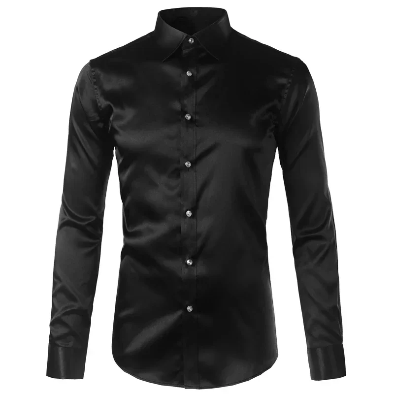 Luxury Shirt Men Silk Satin Smooth Mens Dress Shirts Casual Button Down Suit Shirts Party Ball Wedding Camisa Masculina M-XXXL
