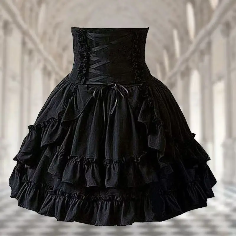 European Medieval Victorian Period Skirt Girls Black Gothic Style Multi-layer Cake Half Dress Princess Cosplay Banquet Lolita