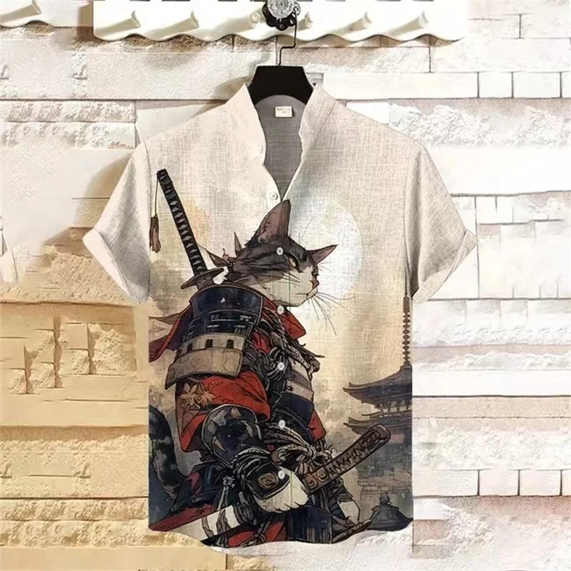 2024 Chinatown trend men's stand-up collar short-sleeved shirt fashion casual summer new men's printed shirt bamboo linen S-5XL 5