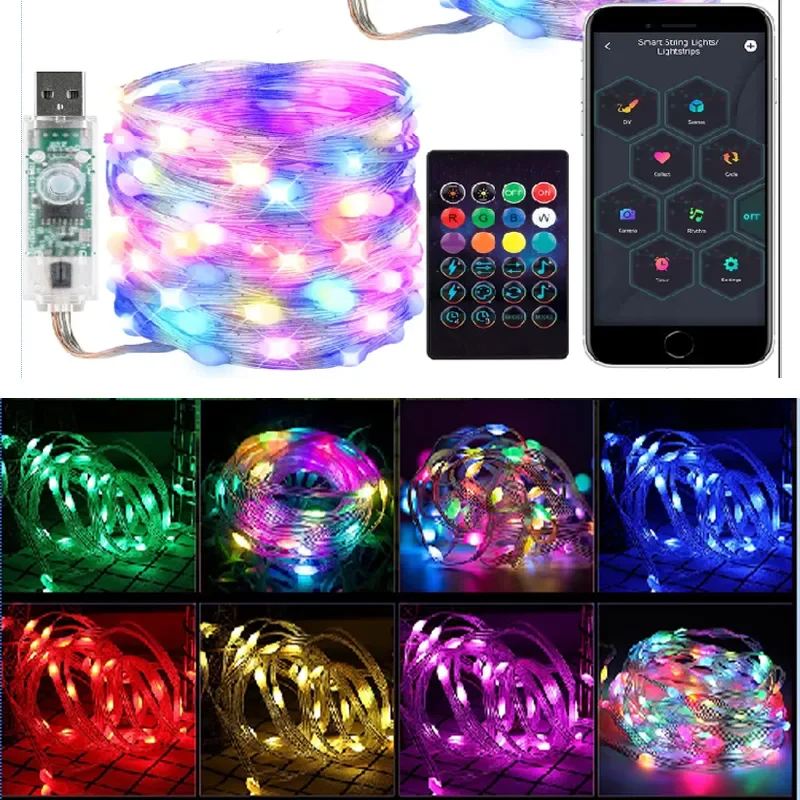 Waterproof Fairy Lights Christmas RGBIC String Light Smart Bluetooth LED Garlands USB App Control Xmas Tree Decoration Outdoor