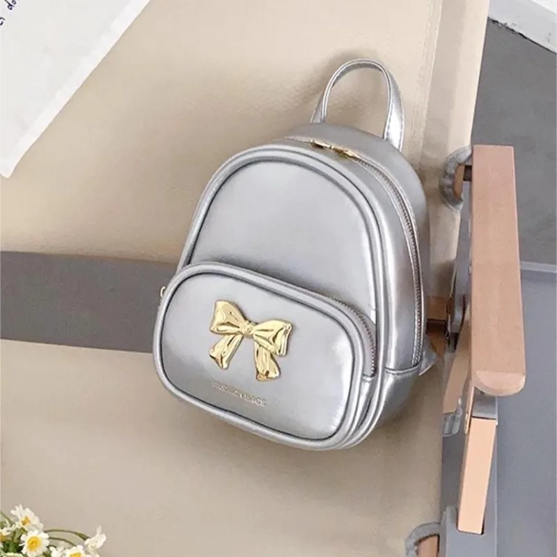 Xiuya Silver Leather Womens Backpack Summer Elegant Bow Casual Small Backpack Youth Female Fashion Aesthetic Korean Popular Bag